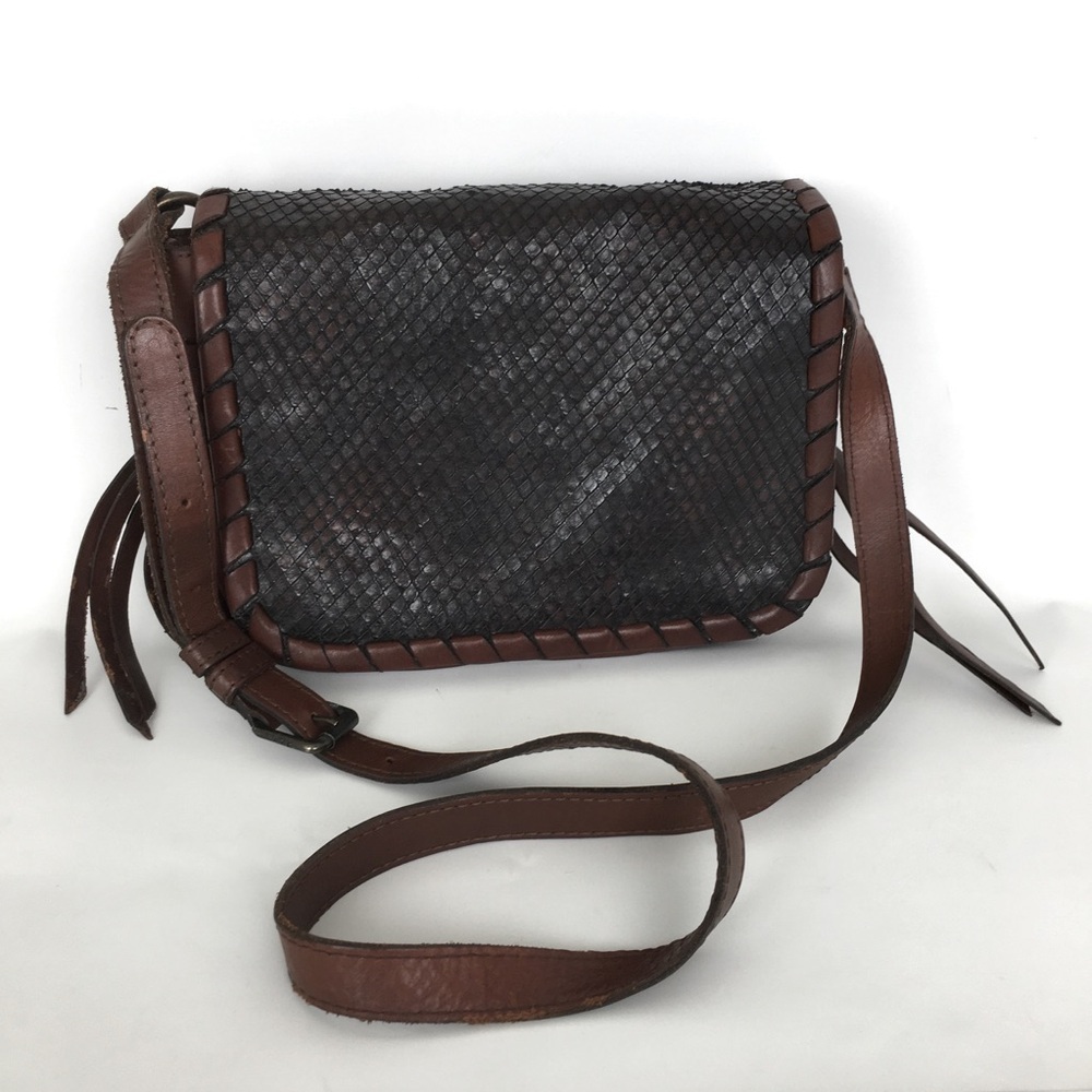 Frye Leather Crossbody Bag Brown Black Snakeskin Boho Fringe Purse Shoulder Bag